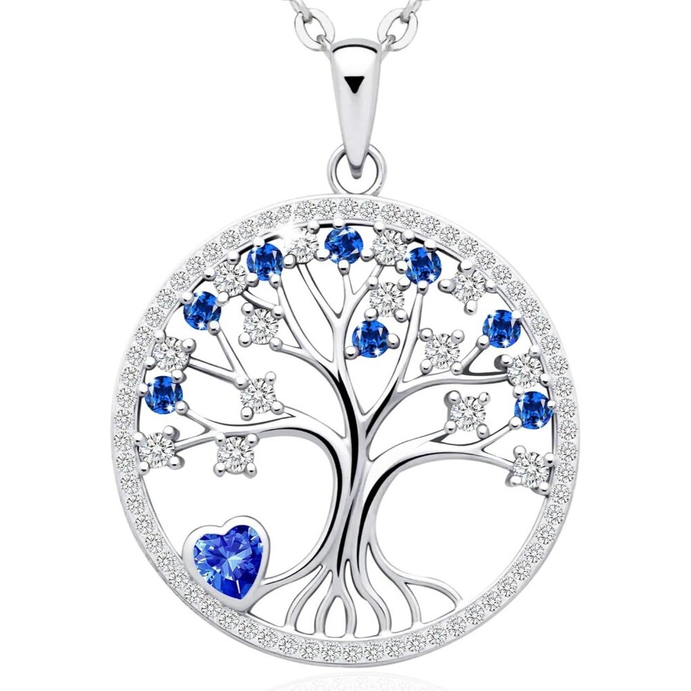Women's Pendant Charm Adjustable Chain Sterling Birthstone Blue Tree Necklace